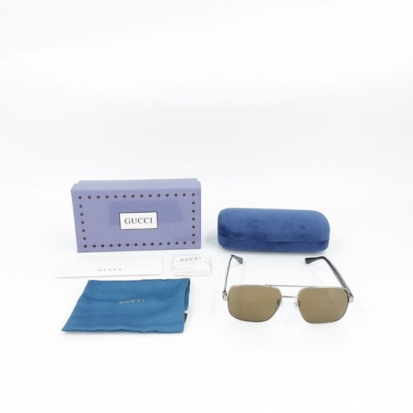 Gucci GG0529 Squared Aviator Sunglasses Silver Brown OS main image 14